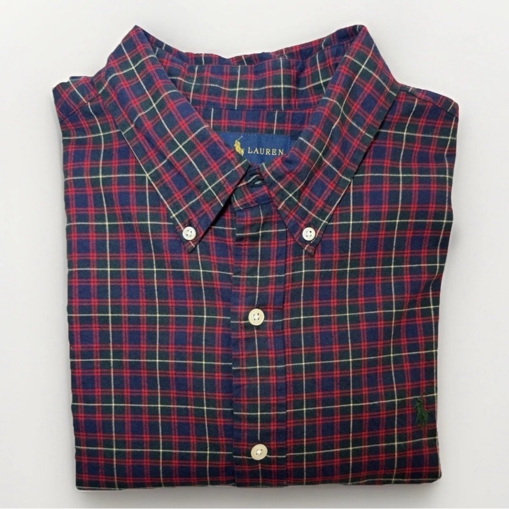 Ralph Lauren Maroon Navy Plaid Button Down Shirt XL Black Pony Polo - Picture 9 of 10